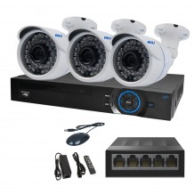  Kit IP 3 Camere Color AKU SUPER CLEAR HD 2 MP cu NVR 4 canale FULL HD 1080P 5MP, SWITCH, Supraveghere video 25m infrarosu, cu vizualizare pe telefon mobil tableta desktop AK99233